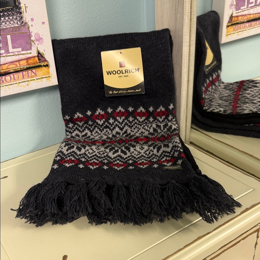 Woolrich Knit Winter Scarf Black Fair Isle Pattern Lambswool
NWT